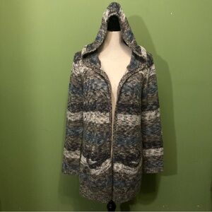 Cozy Hooded Knit Sweater - Blue and Gray